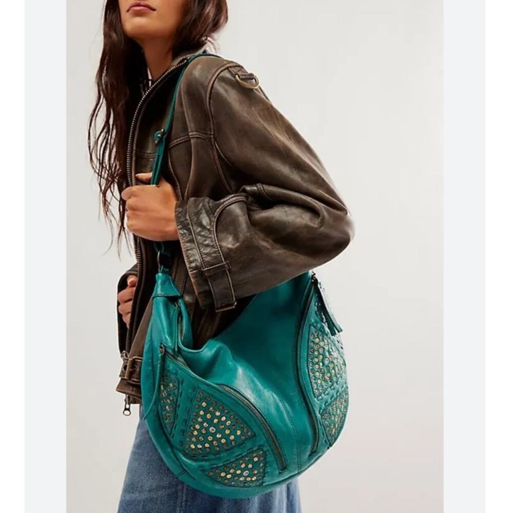 Free People West Side Leather Sling Bag Blue Green Studded Crossbody Boho Chic